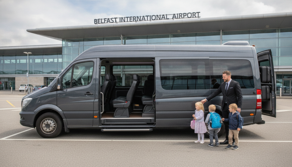 No More Luggage Juggling: Family-Friendly Minibus Transfers from Belfast Airports — executive minibus meeting a group at Belfast Airport