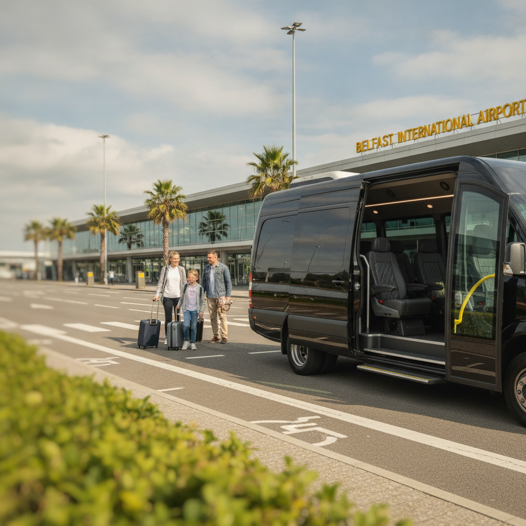 Stress-Free Family Airport Runs: Your Belfast Minibus Solution — executive minibus meeting a group at Belfast Airport