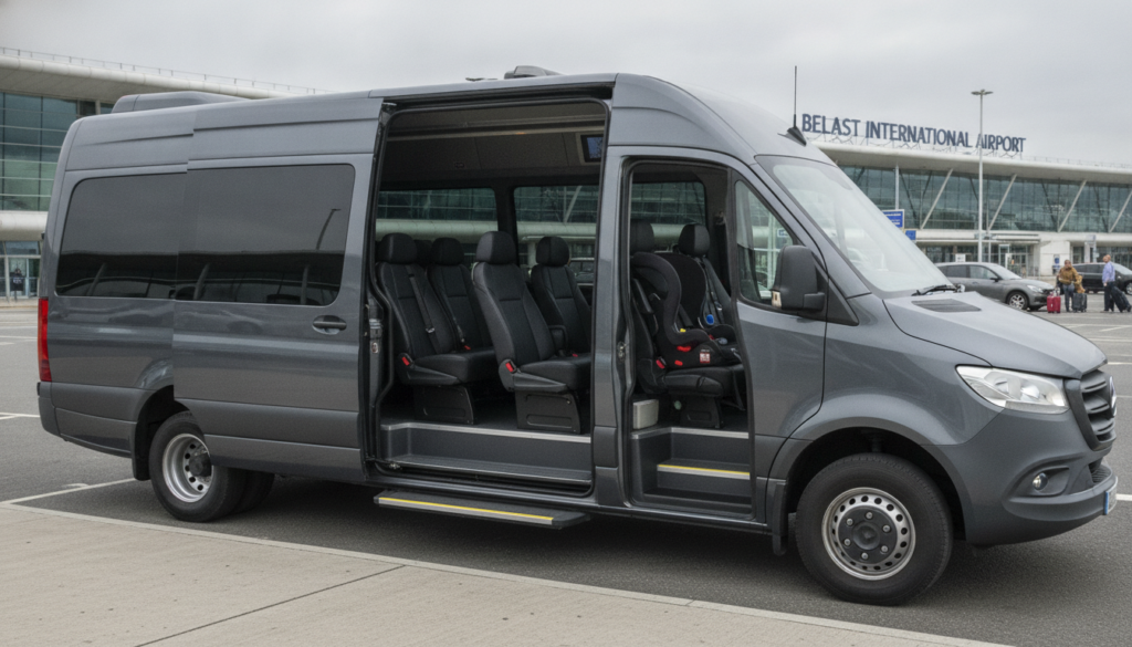 Travelling with Children? Why Our Belfast Minibus is Perfect for Families — executive minibus meeting a group at Belfast Airport