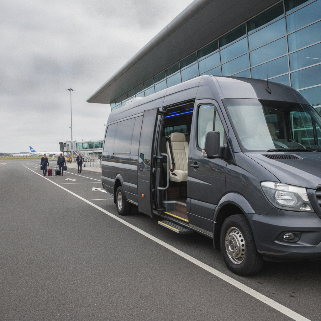Home — executive minibus meeting a group at Belfast Airport