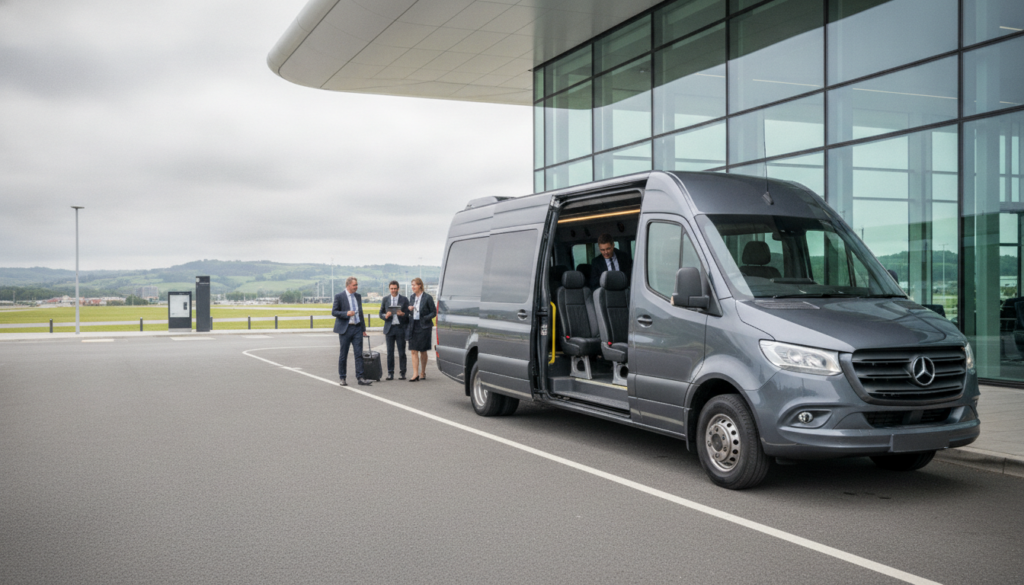 Maximise Productivity: On-Board Comfort for Your Belfast Business Group Transfer — executive minibus meeting a group at Belfast Airport