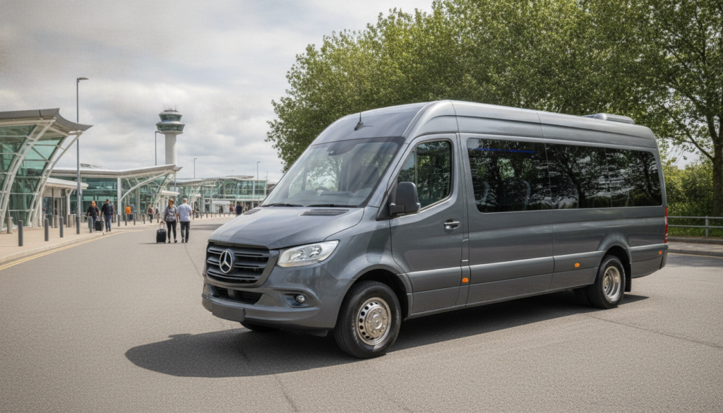 School Holiday Travel: Booking Your Belfast Family Airport Minibus in Advance — executive minibus meeting a group at Belfast Airport