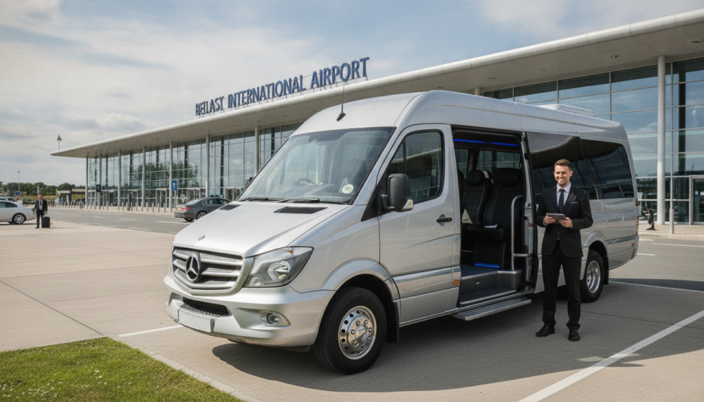 Timely & Professional: Executive Minibus Transfers for Belfast Corporate Travel — executive minibus meeting a group at Belfast Airport