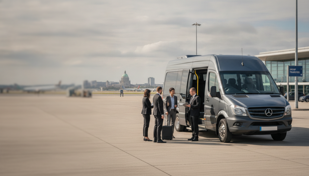 Conference Ready: Effortless Group Transfers to Belfast's Top Venues — executive minibus meeting a group at Belfast Airport