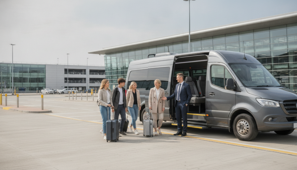 Your Luxury Welcome to Belfast: Seamless Hotel Transfers from Both Airports — executive minibus meeting a group at Belfast Airport